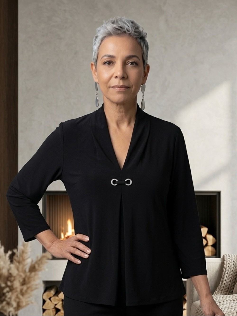 Black V-Neck 3/4 Sleeve Tunic with Silver Ring Accent